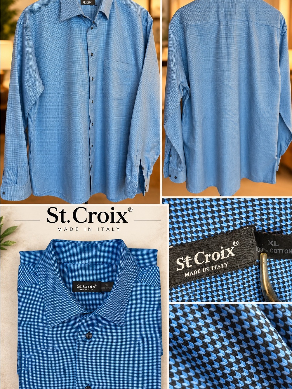 St. Croix XL Blue Micro Check Dress Shirt Made in Italy 100% Cotton